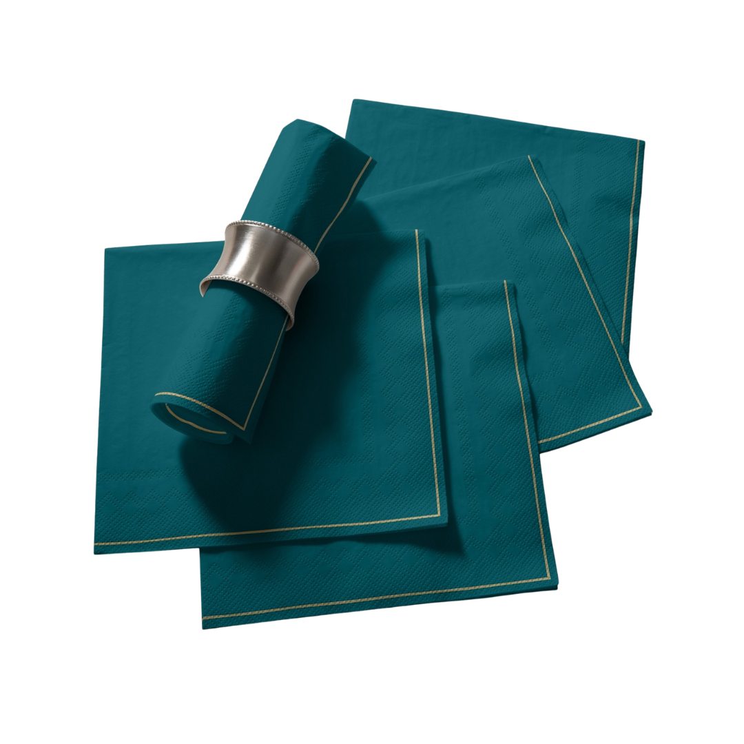 Teal napkins with silver napkin ring table decor for elegant dinner from Parte Haus party supply store in Bethesda MD