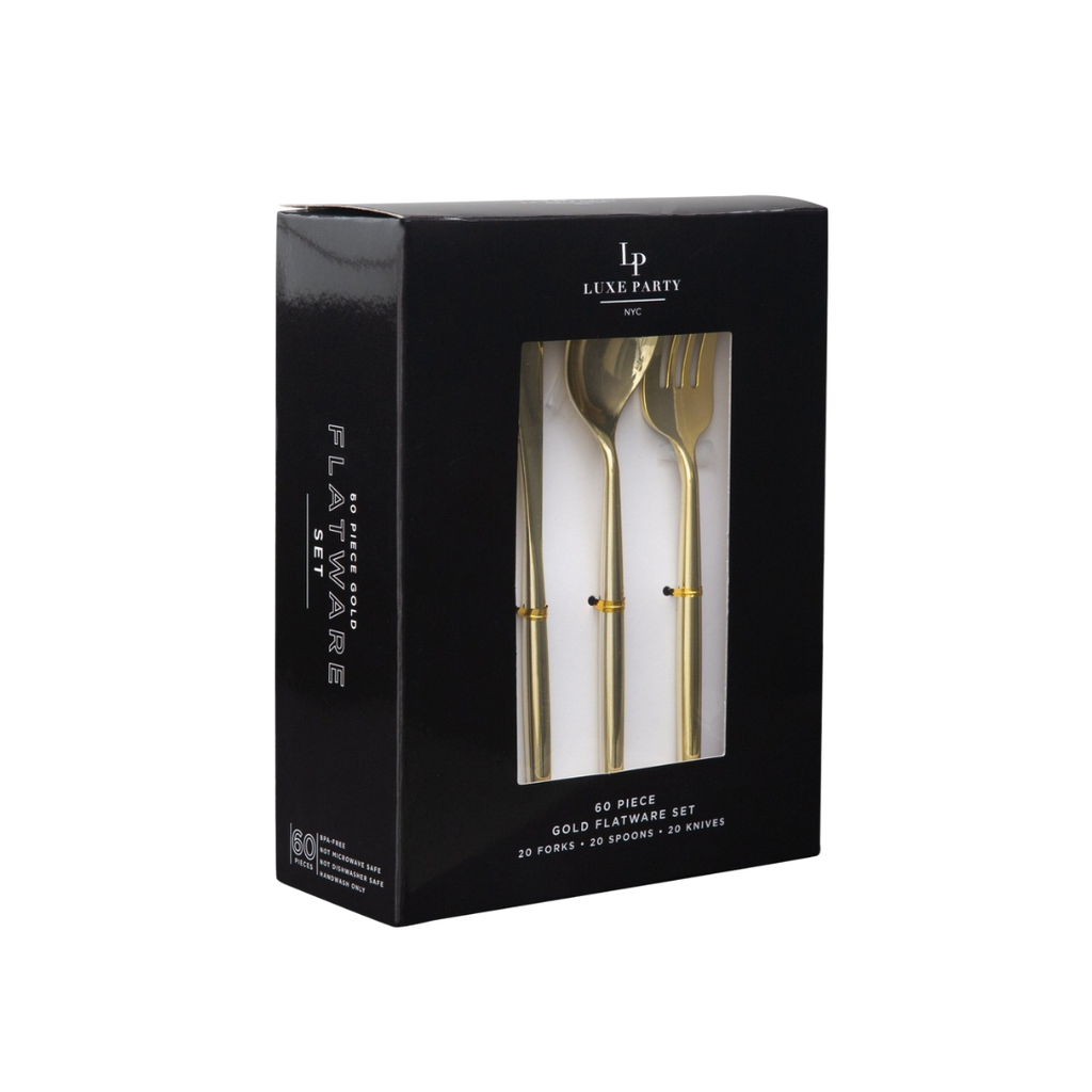 Gold flatware set with forks spoons and knives in a black box elegant dining from Parte Haus party supply store in Bethesda MD