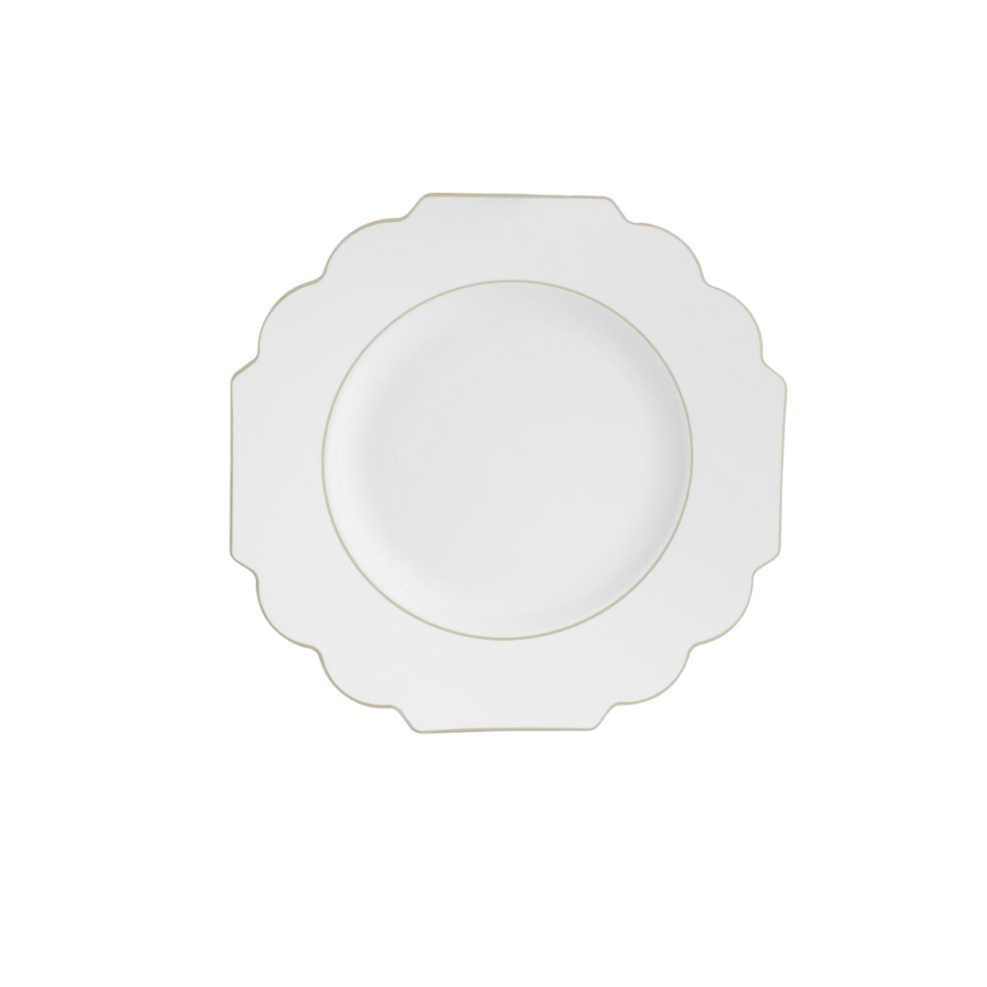 White scalloped dinner plate elegant tableware for weddings from Parte Haus party supply store in Bethesda Maryland