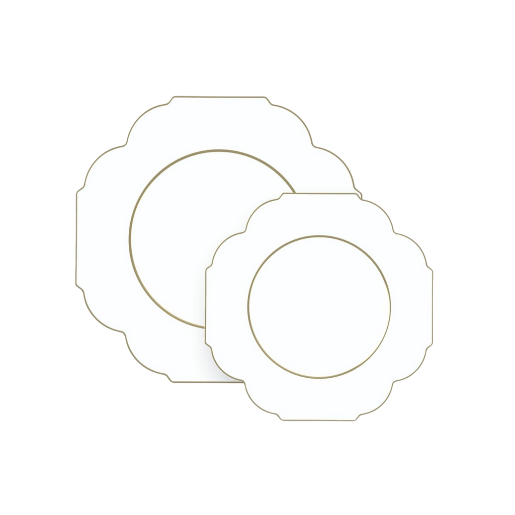 White and gold scalloped party plates for elegant celebrations from Parte Haus party supply store in Bethesda MD.