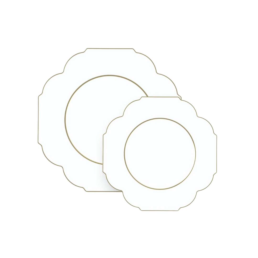 White and gold scalloped party plates for elegant celebrations from Parte Haus party supply store in Bethesda MD.