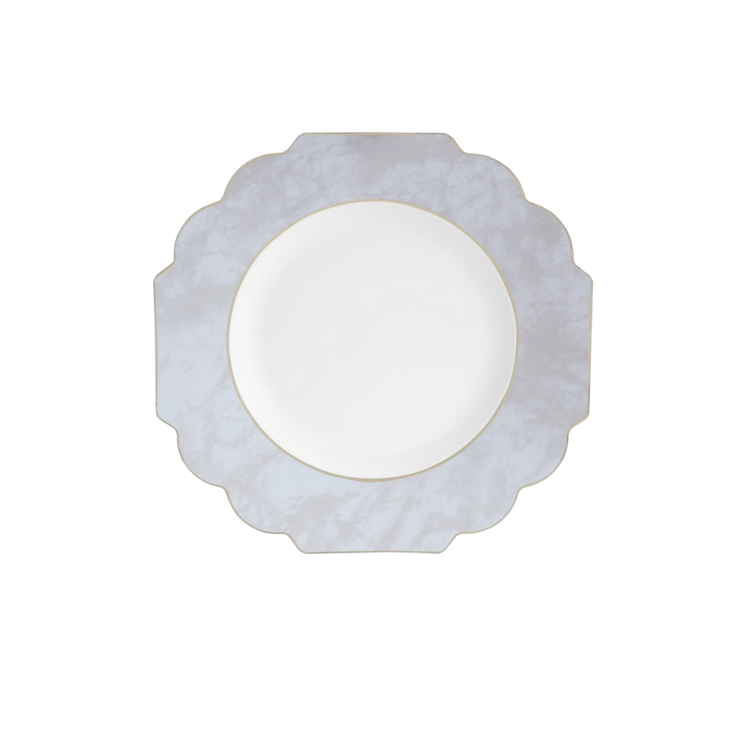 Gray marble scalloped edge plate elegant dinnerware for modern celebrations from Parte Haus party supply store in Bethesda Maryland