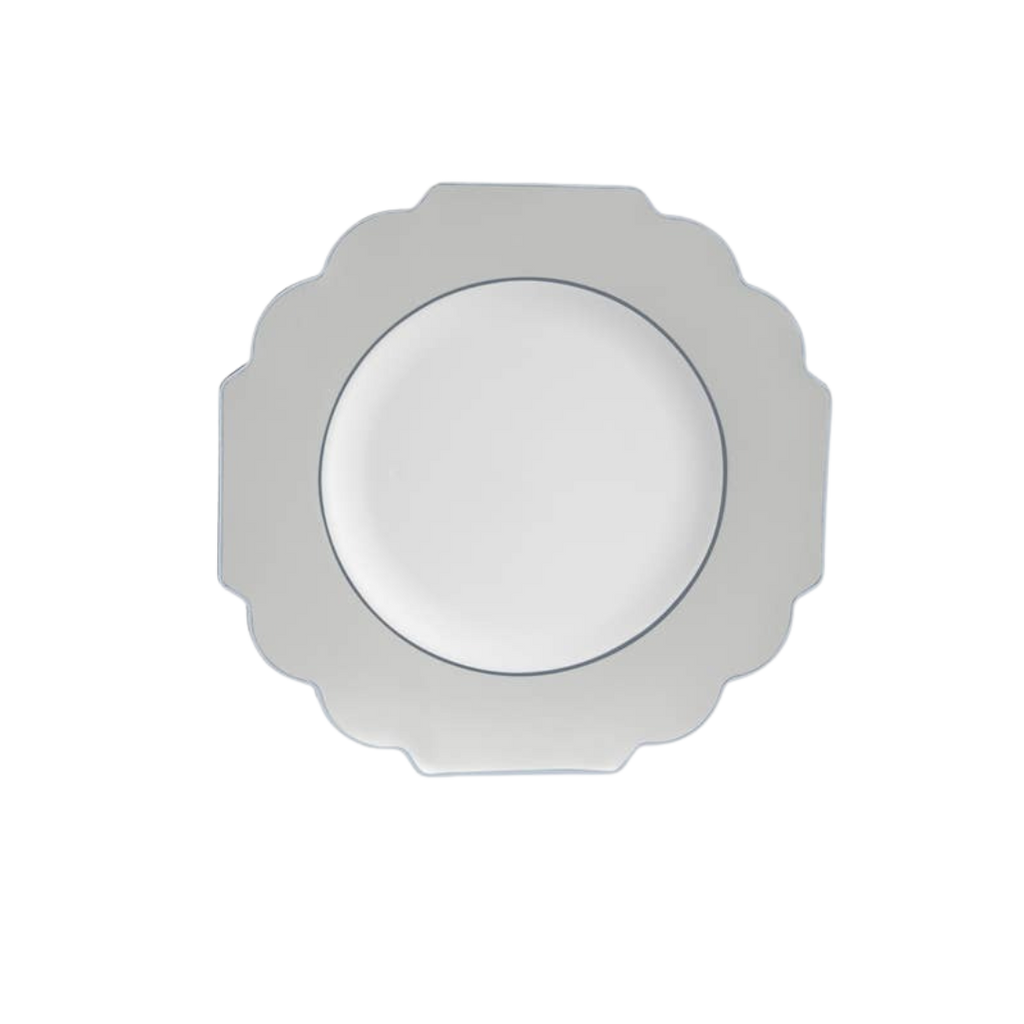 Silver scalloped edge plate elegant tableware for celebrations from Parte Haus party supply store in Bethesda MD.