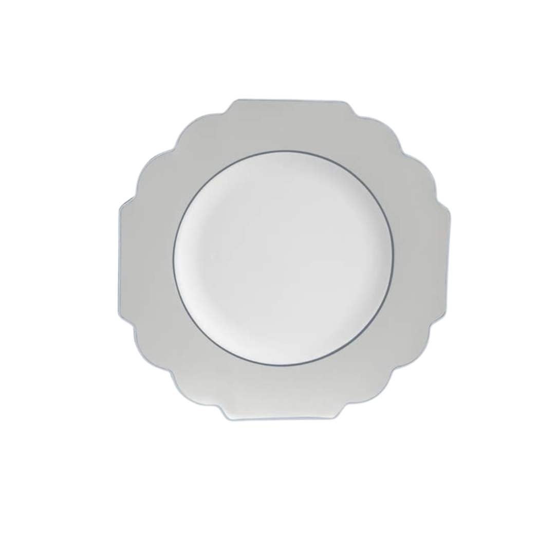 Silver scalloped edge plate elegant tableware for celebrations from Parte Haus party supply store in Bethesda MD.