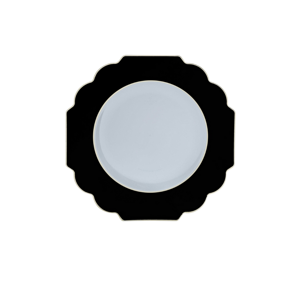 Black and white scalloped plate elegant dinnerware for celebrations from Parte Haus party supply store in Bethesda Maryland