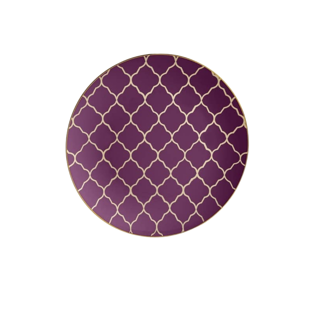 Purple and gold decorative plate with geometric pattern for elegant celebrations from Parte Haus party supply store in Bethesda MD