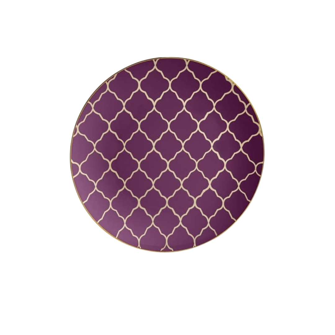 Purple and gold decorative plate with geometric pattern for elegant celebrations from Parte Haus party supply store in Bethesda MD