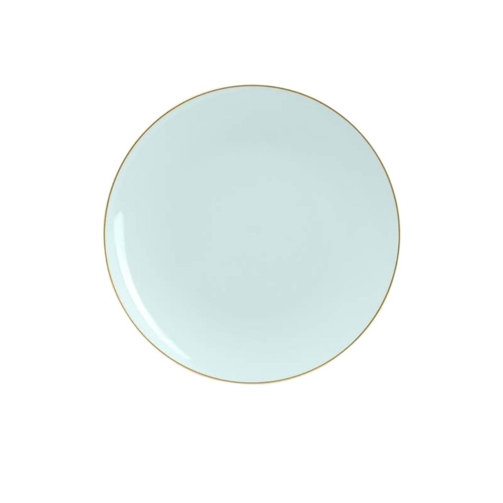 Light blue plate with gold rim elegant tableware for celebration from Parte Haus party supply store in Bethesda MD