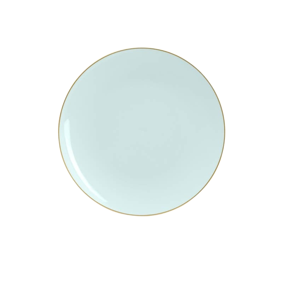 Light blue plate with gold rim elegant tableware for celebration from Parte Haus party supply store in Bethesda MD