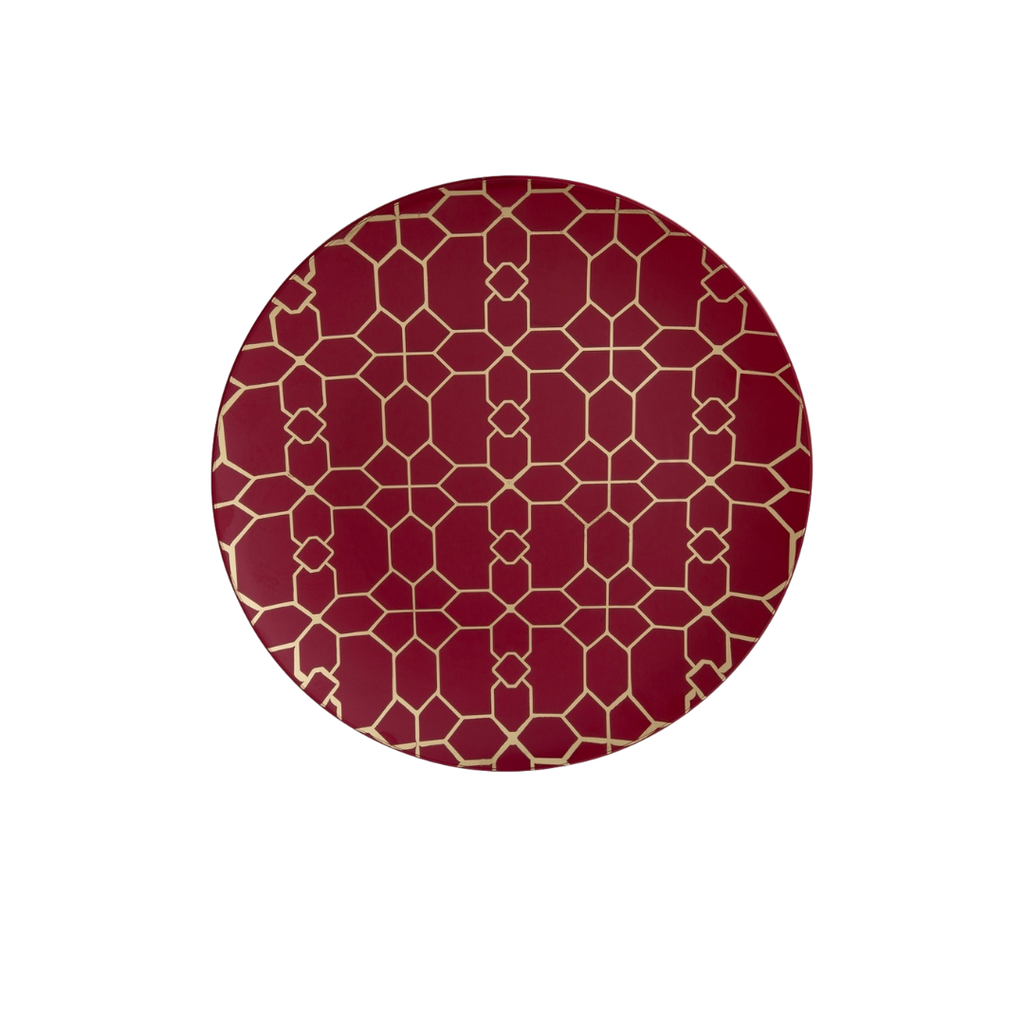 Red and gold geometric dinner plate elegant tableware for celebration from Parte Haus party supply store in Bethesda MD