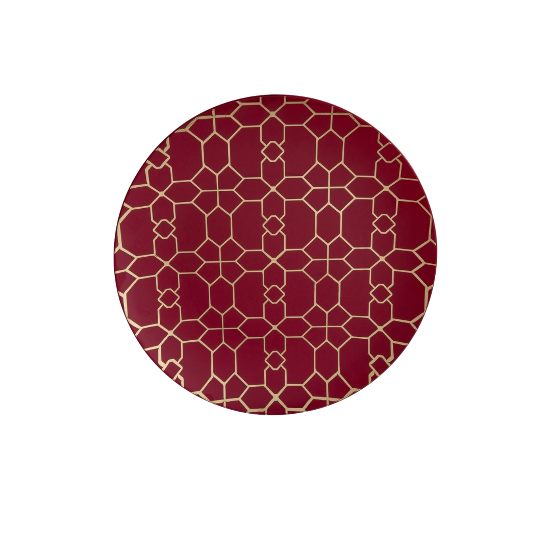 Red and gold geometric dinner plate elegant tableware for celebration from Parte Haus party supply store in Bethesda MD