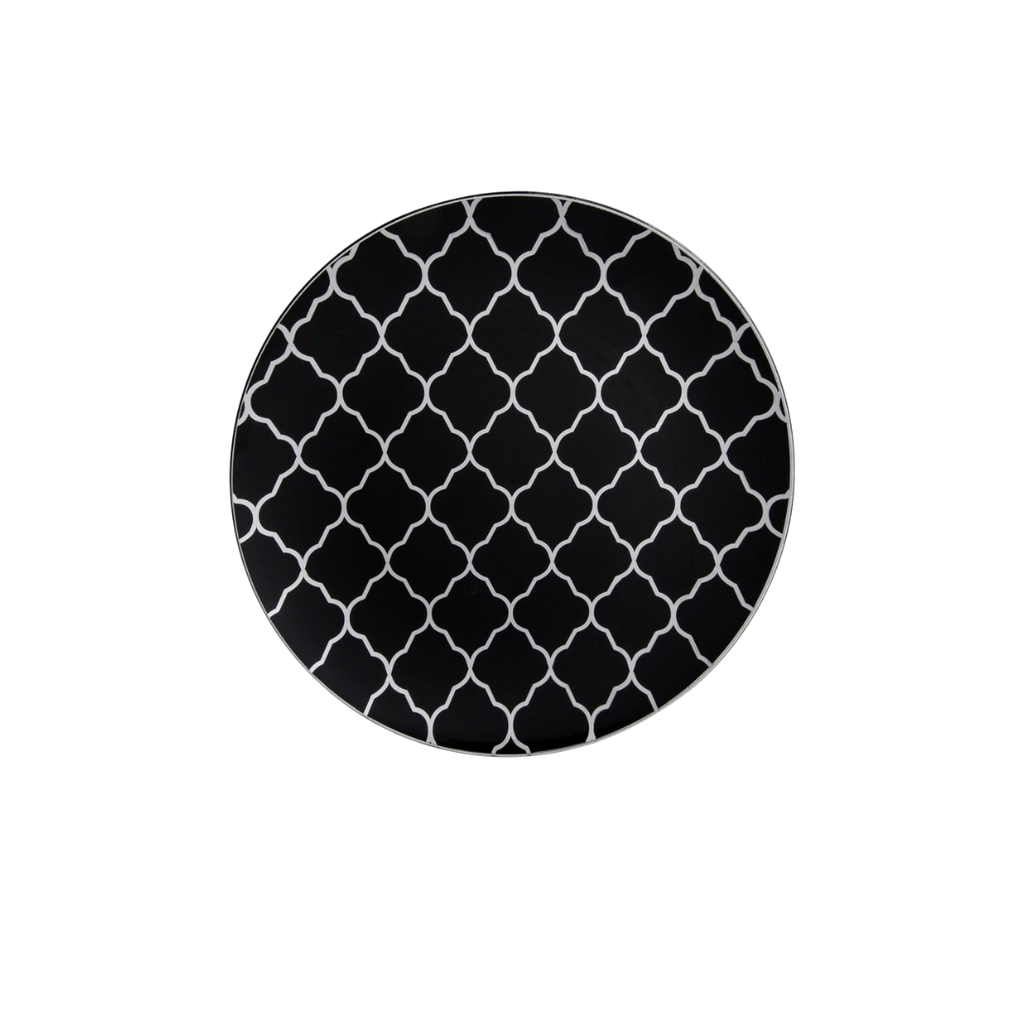 Black and white plate with elegant lattice pattern for modern events from Parte Haus party supply store in Bethesda MD