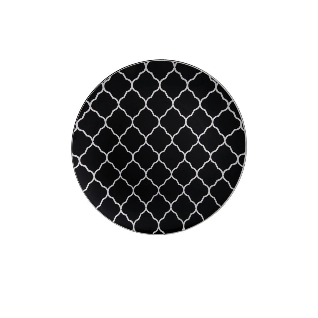 Black and white plate with elegant lattice pattern for modern events from Parte Haus party supply store in Bethesda MD