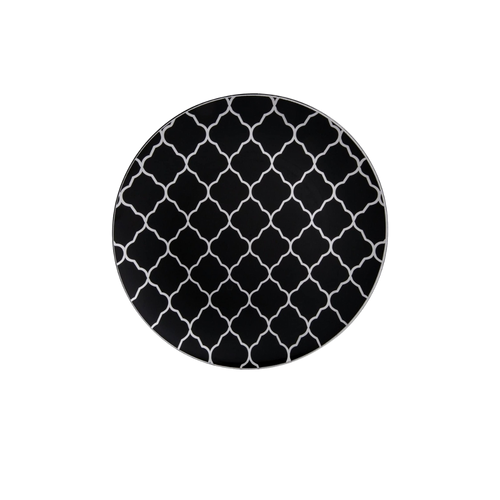 Black and white plate with elegant lattice pattern for modern events from Parte Haus party supply store in Bethesda MD