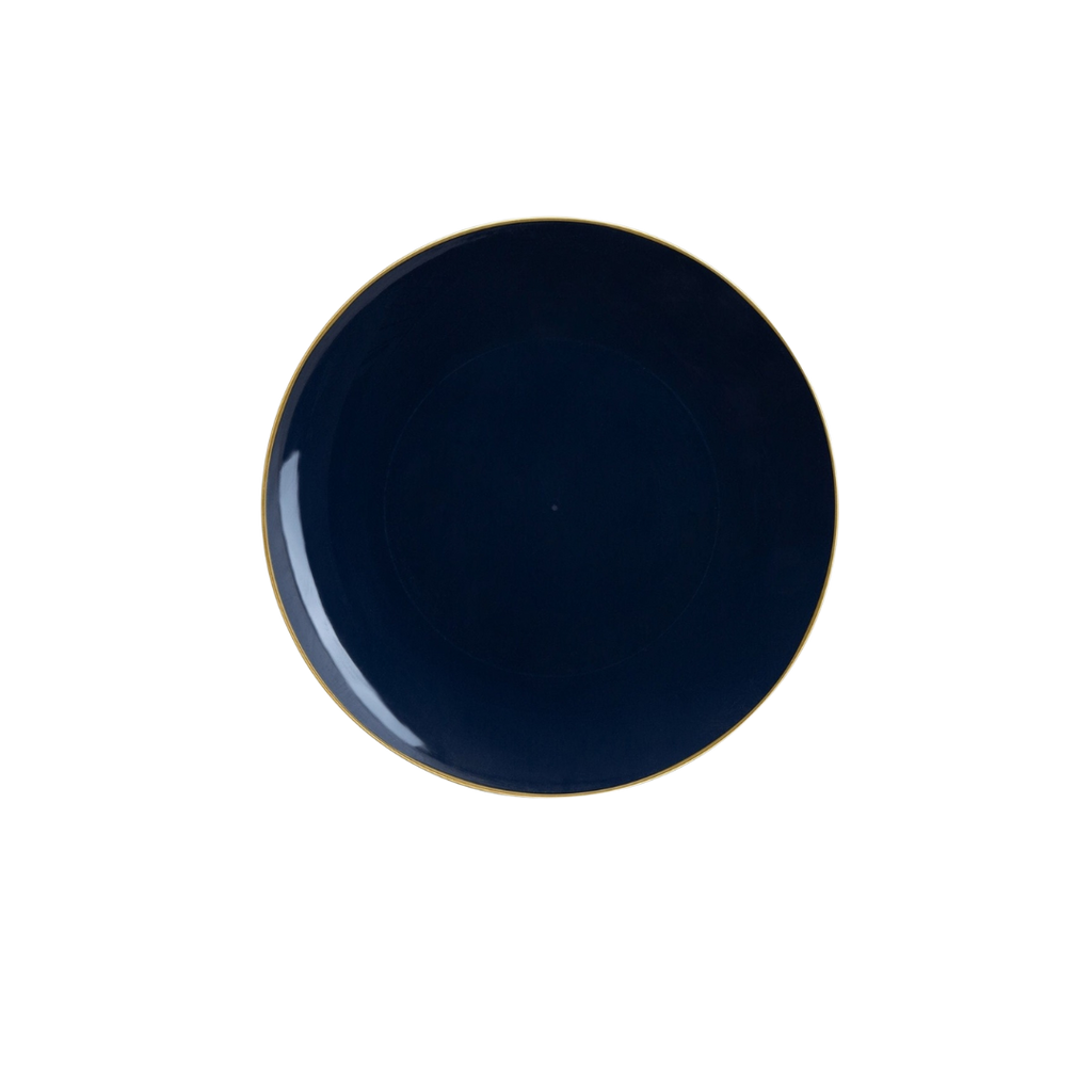 Navy blue plate with gold rim elegant tableware for special events from Parte Haus party supply store in Bethesda MD