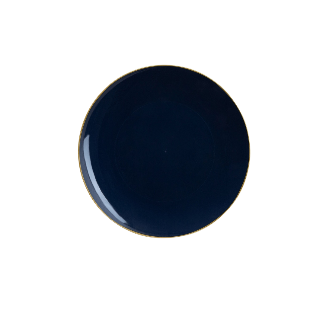 Navy blue plate with gold rim elegant tableware for special events from Parte Haus party supply store in Bethesda MD