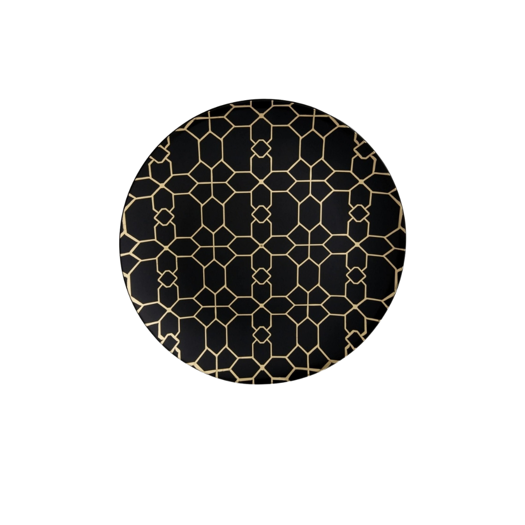 Black and gold plate with geometric pattern for elegant event from Parte Haus party supply store in Bethesda Maryland