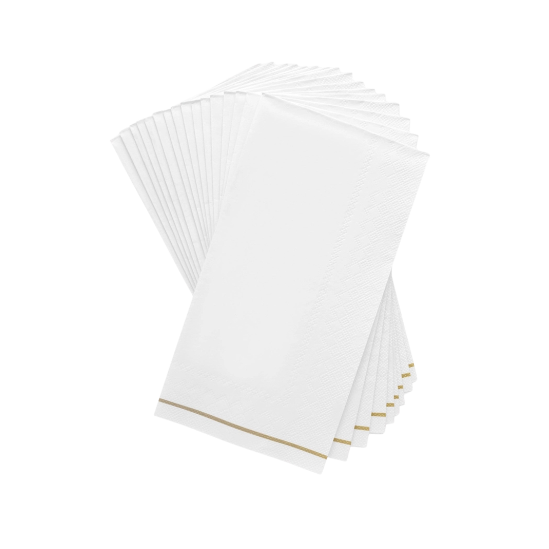 White disposable napkin with gold trim elegant design for weddings or events from Parte Haus party supply store in Bethesda MD.