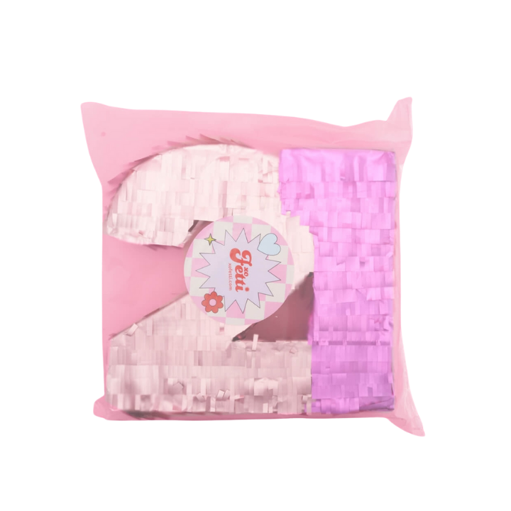 Pink number 2 piñata with tissue fringe for birthday from Parte Haus party supply store in Bethesda Maryland