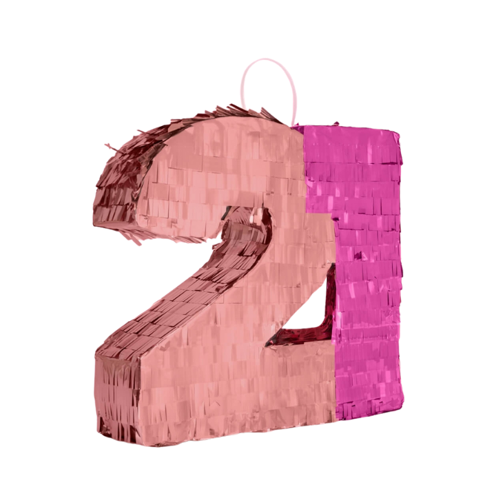 Pink and rose gold number 21 piñata for birthday celebration from Parte Haus party supply store in Bethesda MD