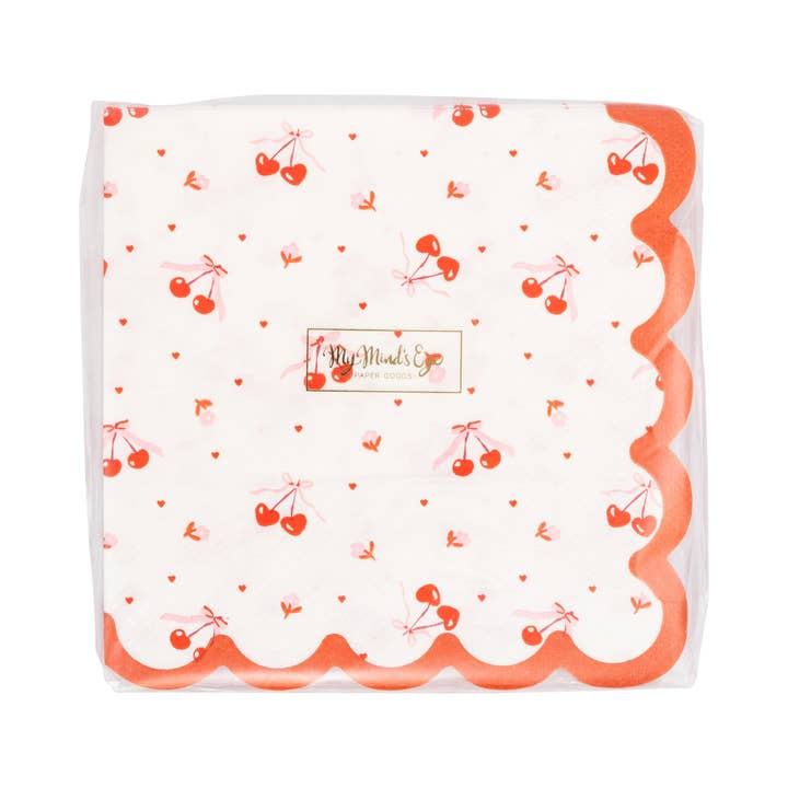 Red and White Tossed Cherry Scalloped Cocktail Napkins