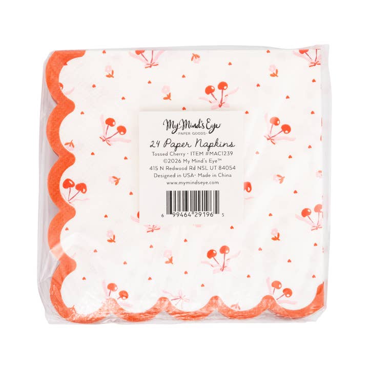Red and White Tossed Cherry Scalloped Cocktail Napkins