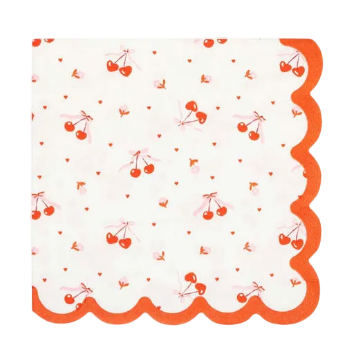 Red and White Tossed Cherry Scalloped Cocktail Napkins