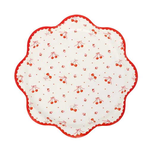 Red and White Tossed Cherry Scalloped Large Dinner Plates