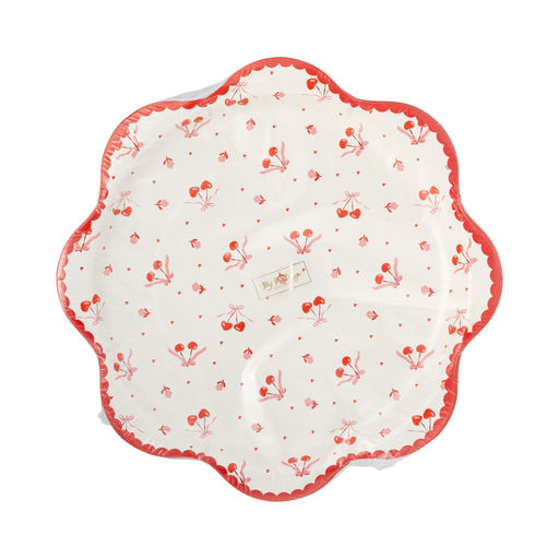 Red and White Tossed Cherry Scalloped Large Dinner Plates