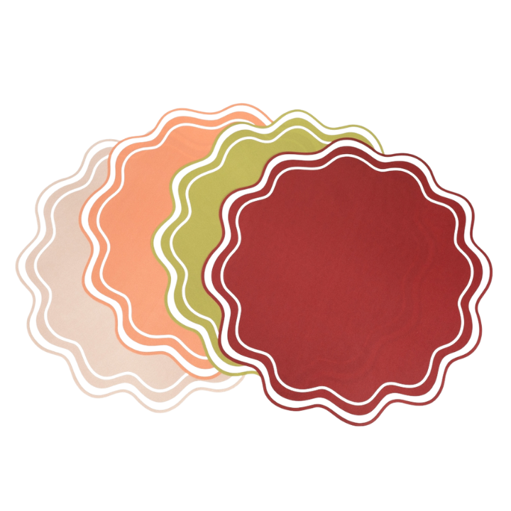 Red green pink and peach scalloped paper plates modern dinner set for birthday from Parte Haus party supply store in Bethesda Maryland