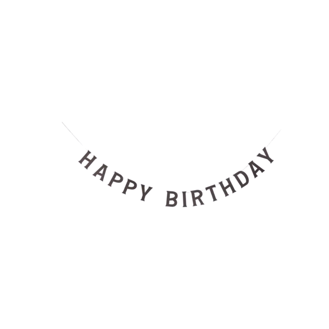 black happy birthday banner with bold letters birthday theme from Parte Haus party supply store in Bethesda Maryland