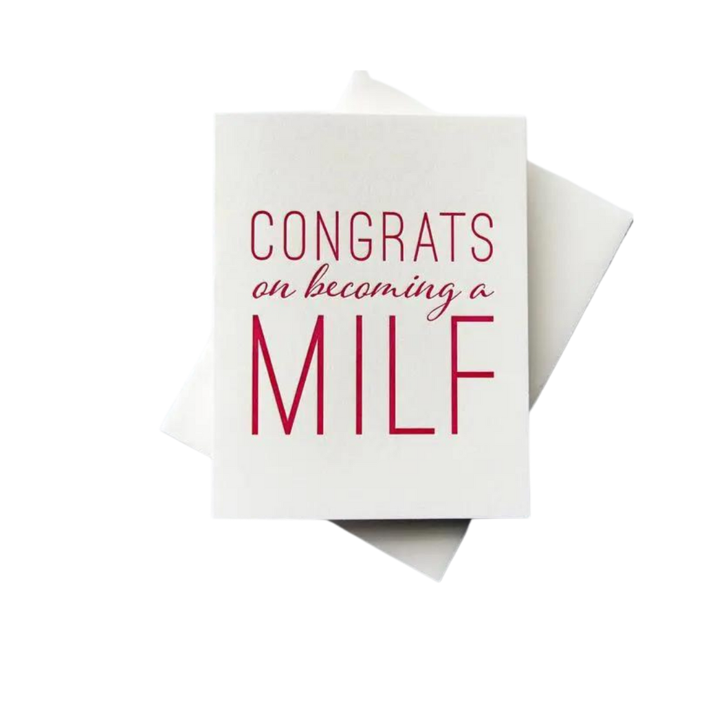 White pink letterpress greeting card with bold text for new baby celebration from Parte Haus party supply store in Bethesda MD