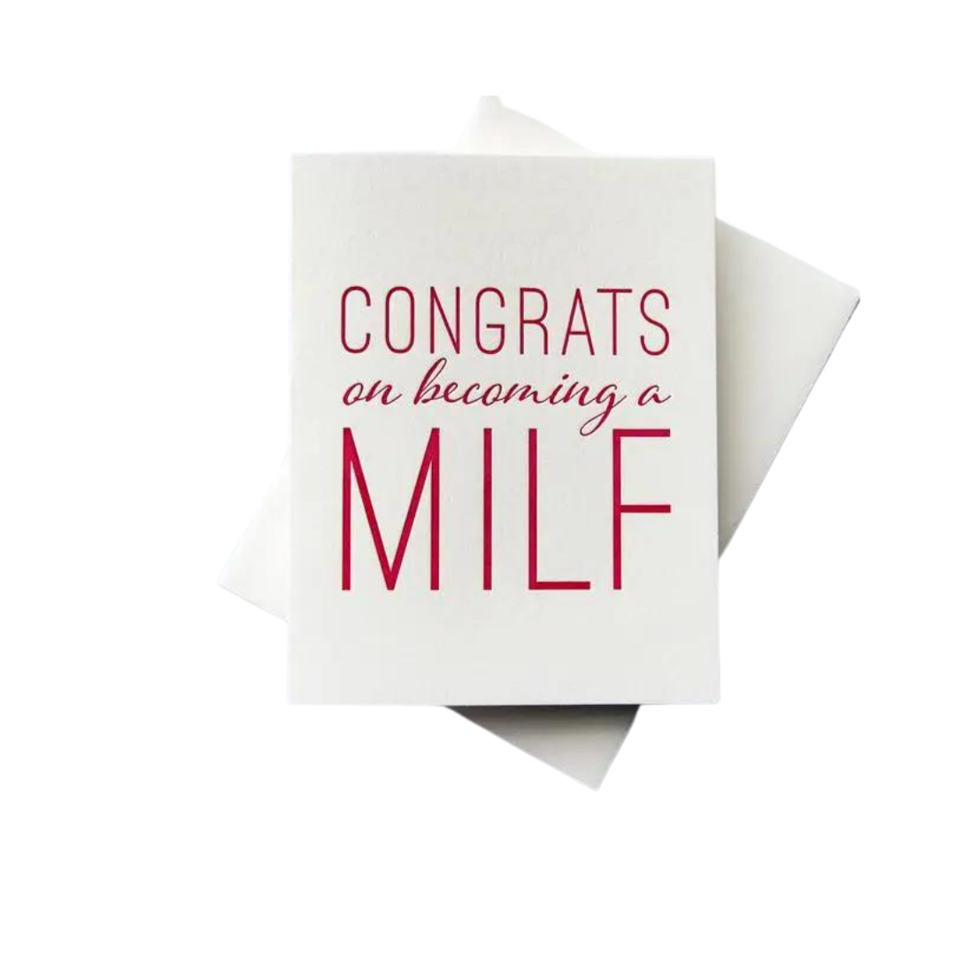 White pink letterpress greeting card with bold text for new baby celebration from Parte Haus party supply store in Bethesda MD