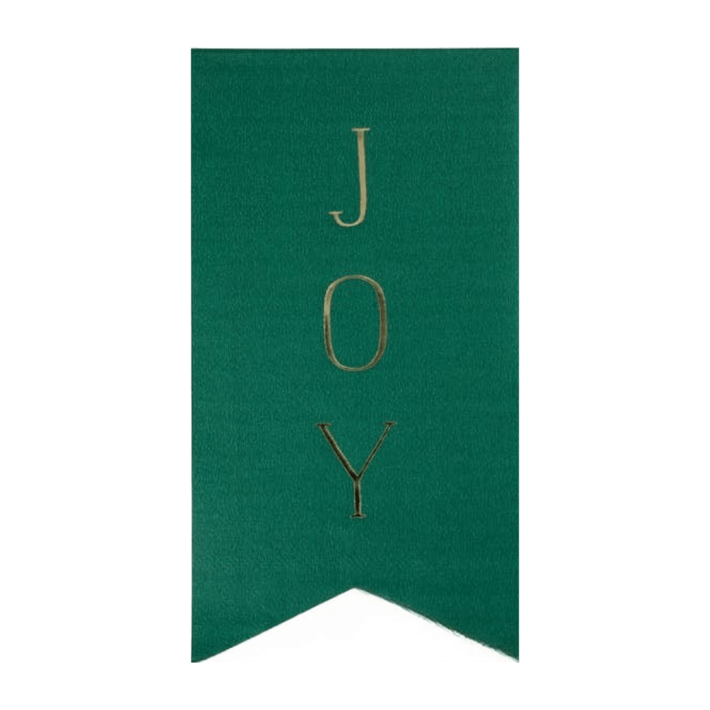 Green JOY banner with gold lettering holiday decoration from Parte Haus party supply store in Bethesda Maryland