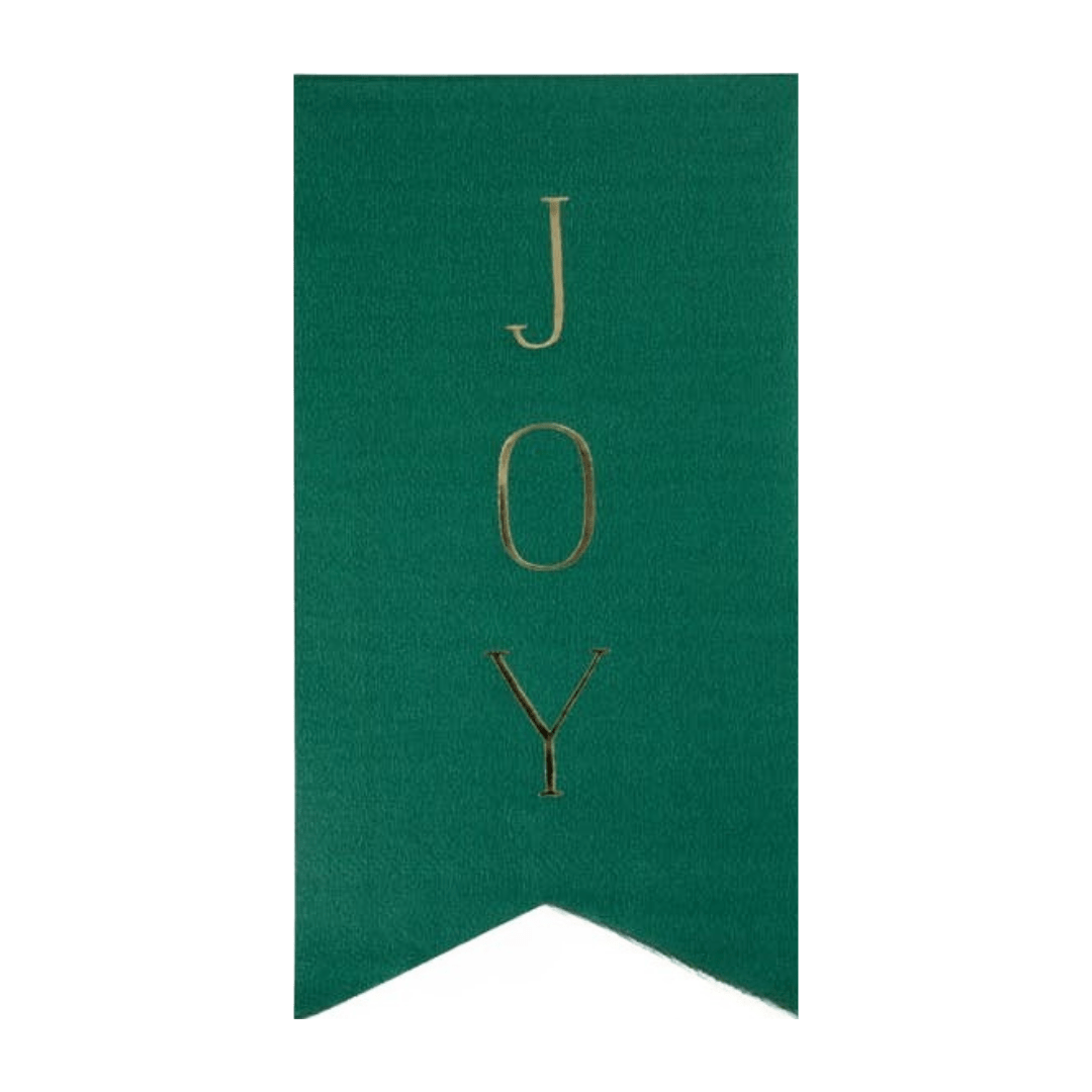 Green JOY banner with gold lettering holiday decoration from Parte Haus party supply store in Bethesda Maryland