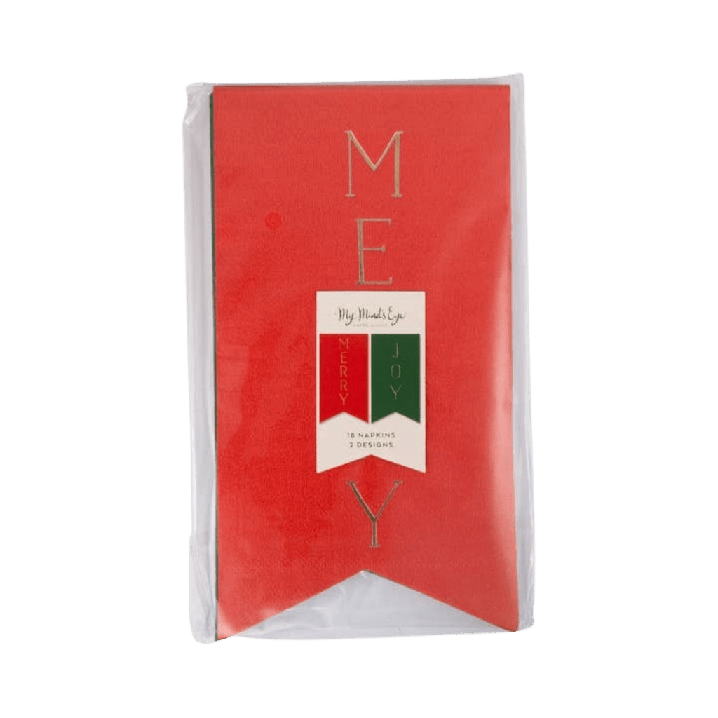 Red Christmas napkin with Merry text festive design from Parte Haus party supply store in Bethesda Maryland
