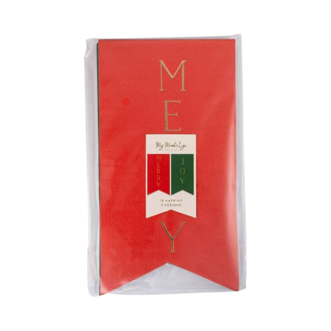 Red and Green with Gold Pennants Merry + Joy Christmas Dinner Napkins