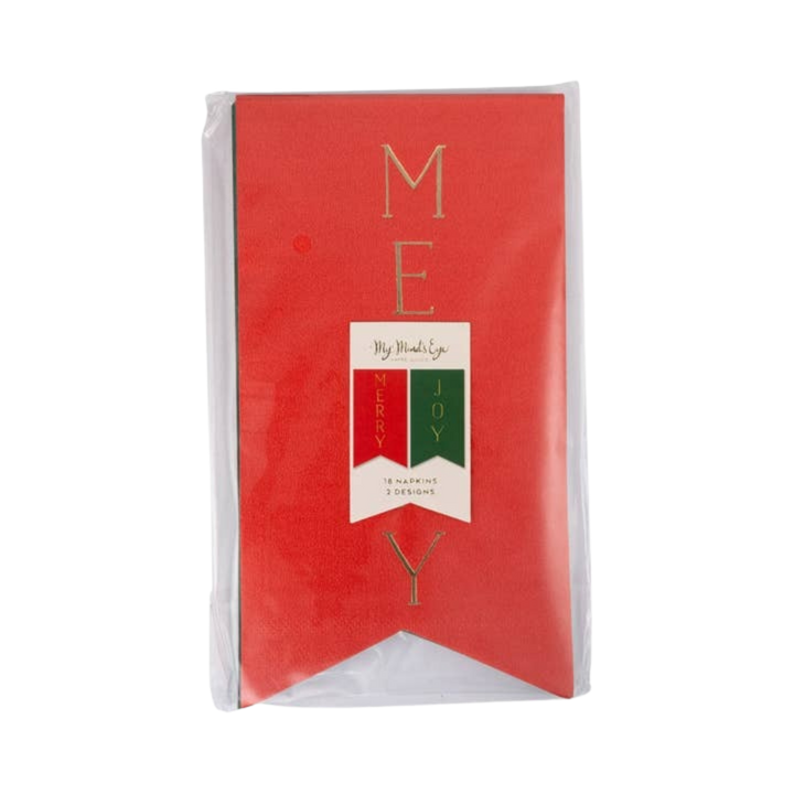 Red and Green with Gold Pennants Merry + Joy Christmas Dinner Napkins