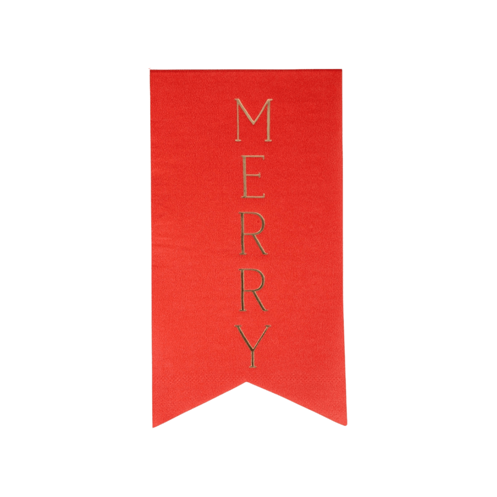 Red Merry banner with gold letters Christmas decoration from Parte Haus party supply store in Bethesda MD