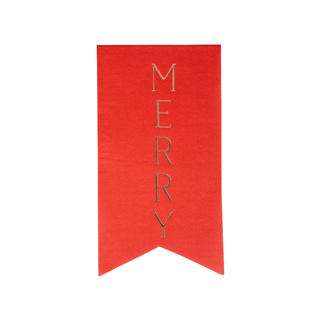 Red Merry banner with gold letters Christmas decoration from Parte Haus party supply store in Bethesda MD