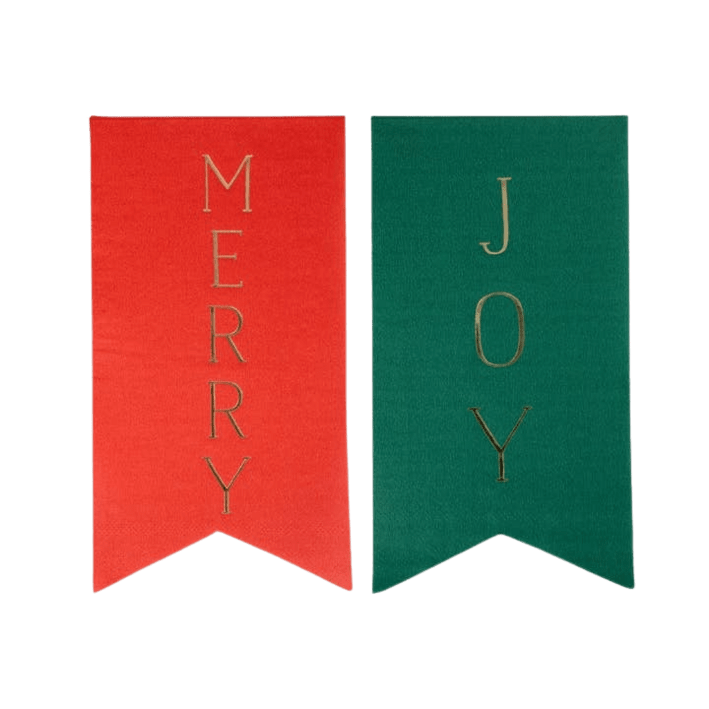 Red and green felt Merry and Joy banners with gold letters for Christmas from Parte Haus party supply store in Bethesda Maryland
