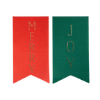 Red and green felt Merry and Joy banners with gold letters for Christmas from Parte Haus party supply store in Bethesda Maryland