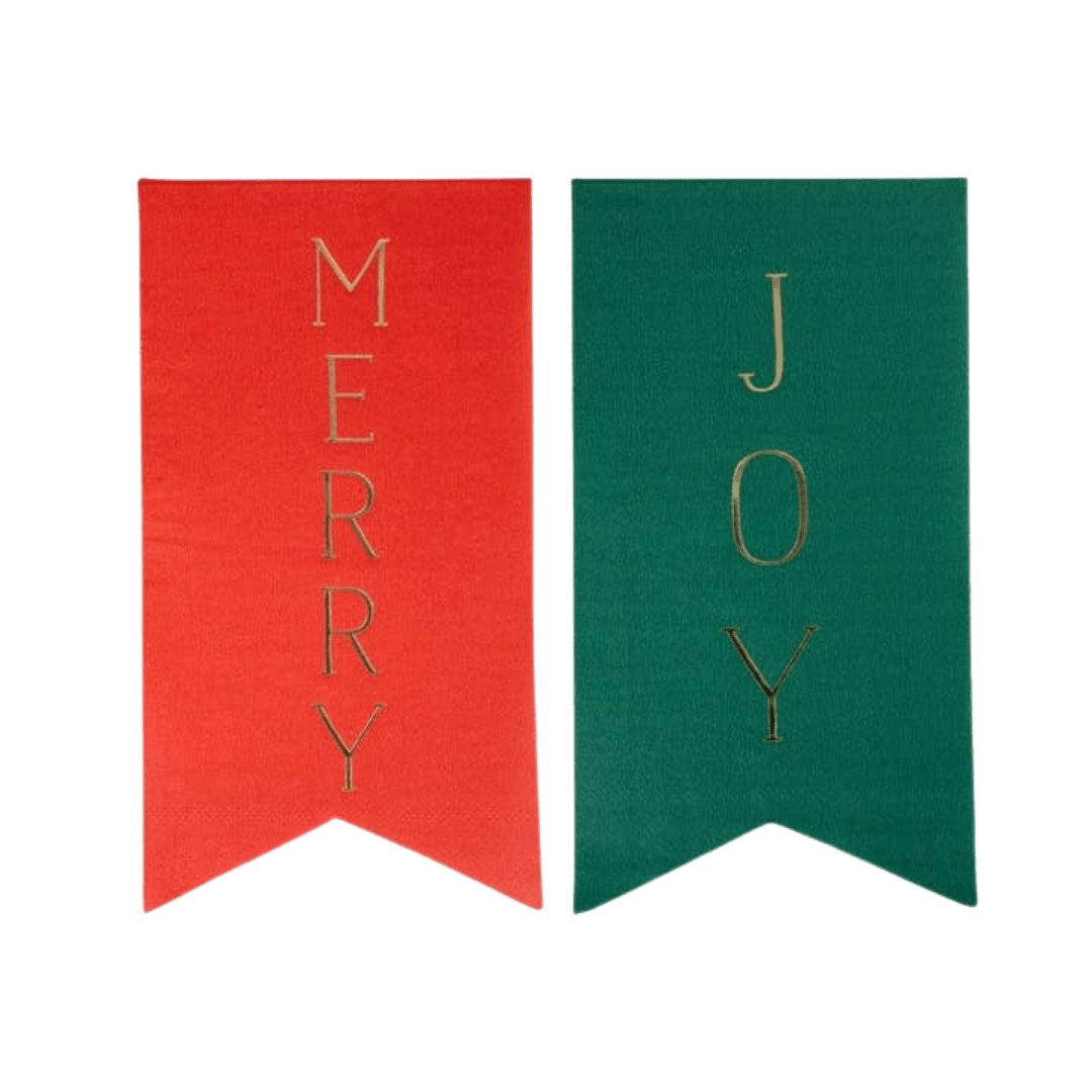 Red and green felt Merry and Joy banners with gold letters for Christmas from Parte Haus party supply store in Bethesda Maryland