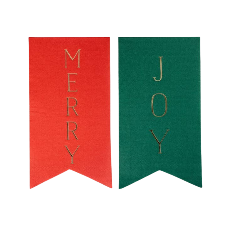 Red and Green with Gold Pennants Merry + Joy Christmas Dinner Napkins