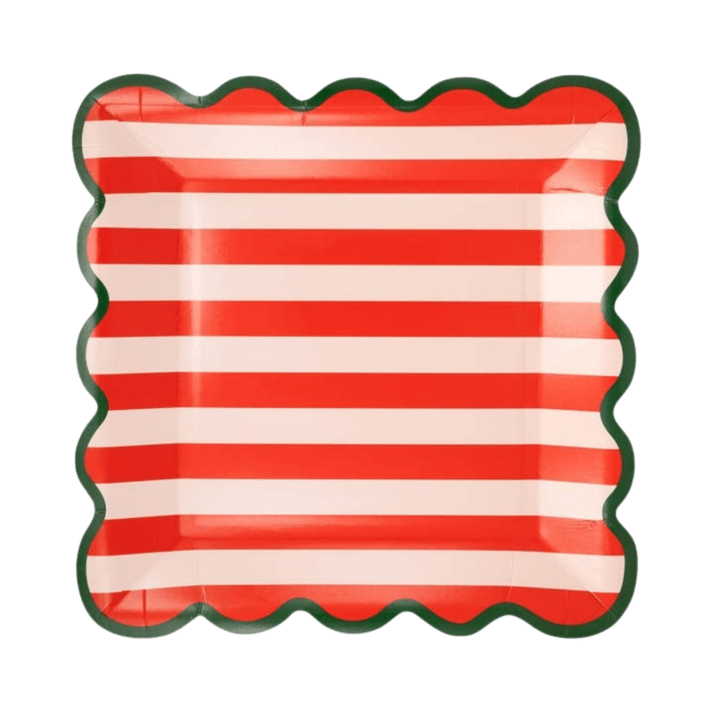 Red and white striped square scalloped plate for Christmas from Parte Haus party supply store in Bethesda MD