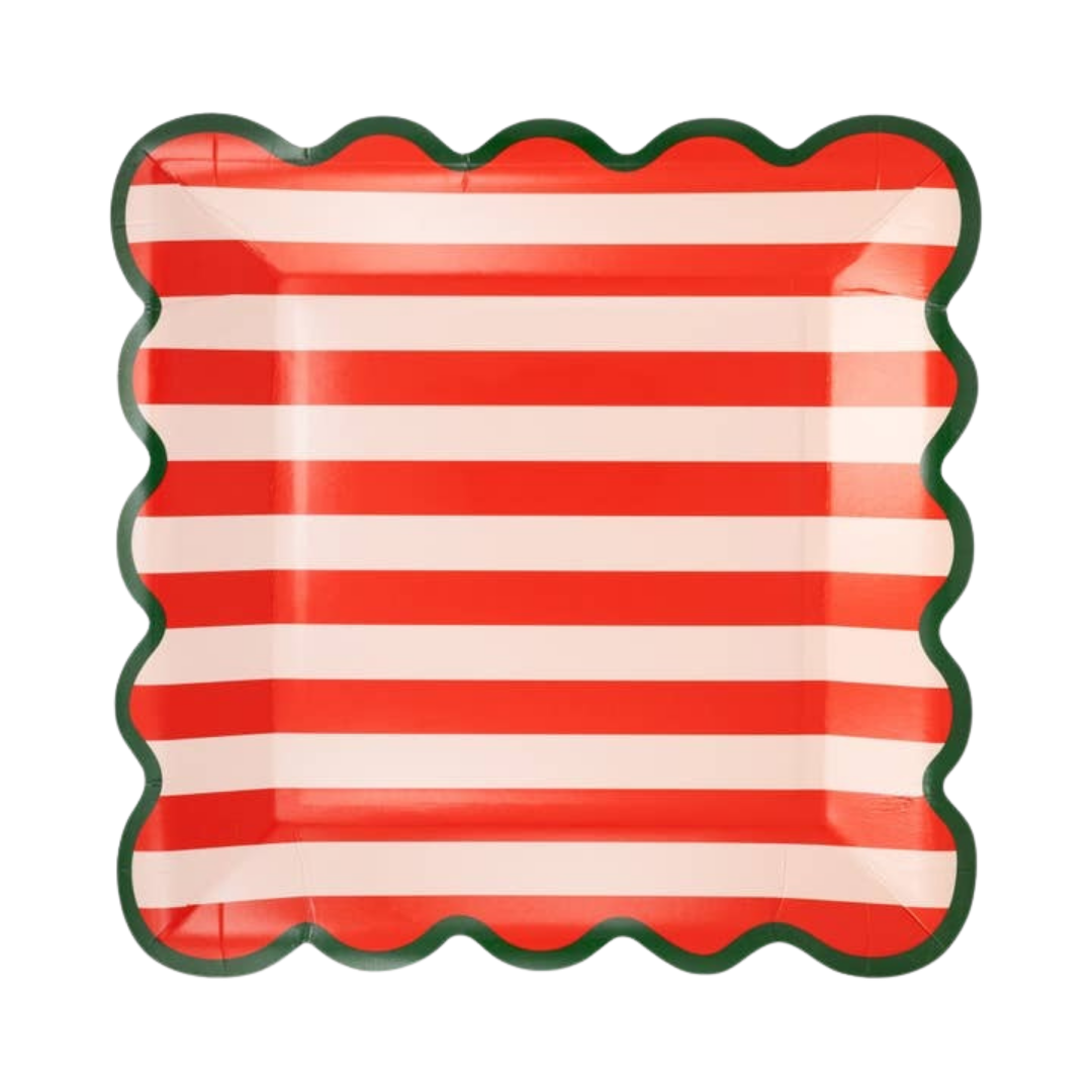 Red and Green Striped Scalloped Edge Square Large Dinner Plates