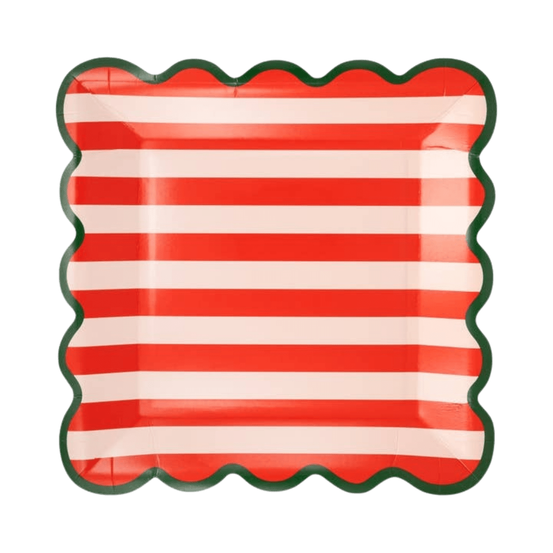 Red and white striped square scalloped plate for Christmas from Parte Haus party supply store in Bethesda MD