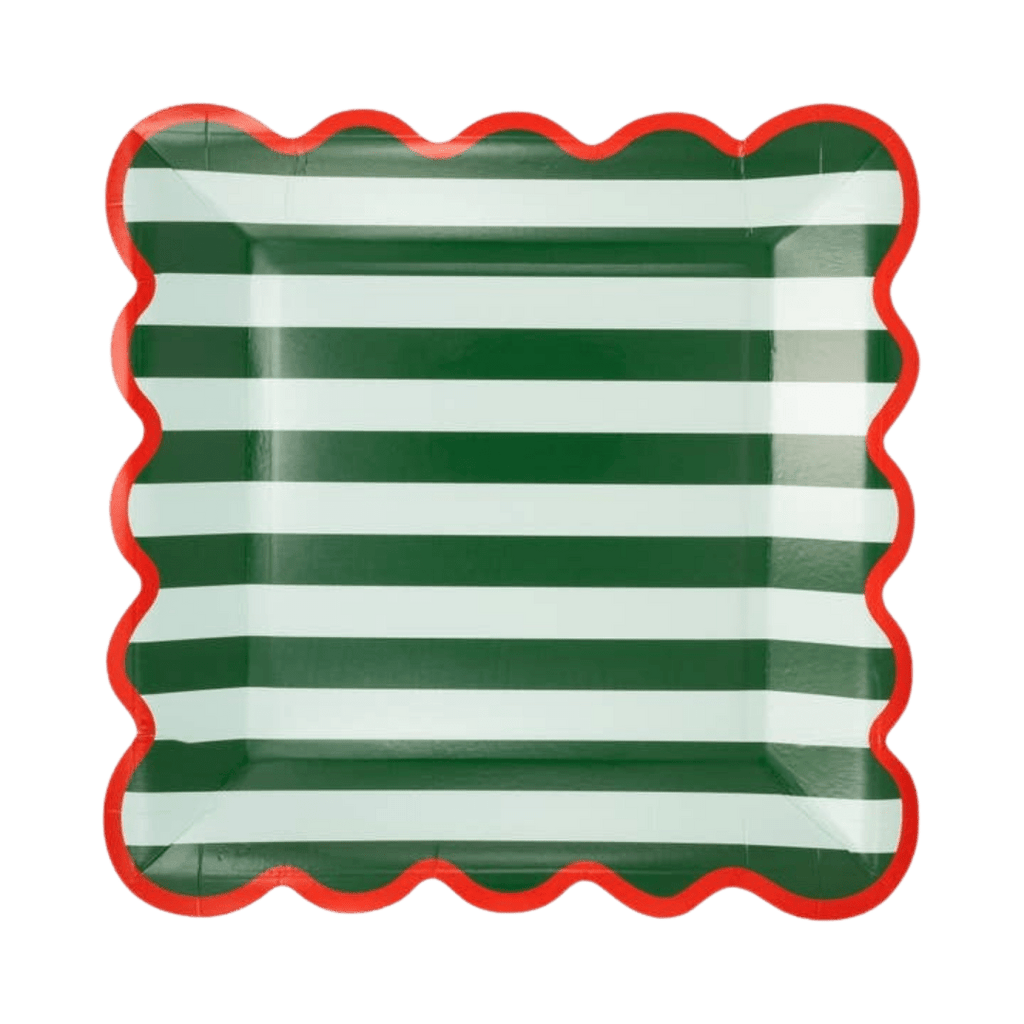 Green and white striped square paper plate with red scalloped edge for Christmas from Parte Haus party supply store in Bethesda Maryland