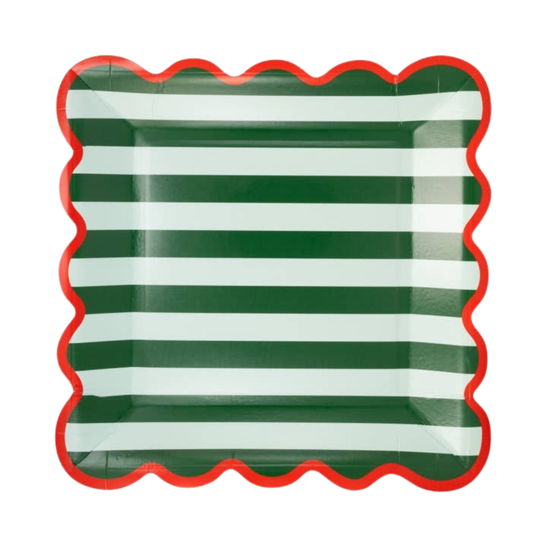 Red and Green Striped Scalloped Edge Square Large Dinner Plates