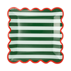 Green and white striped square paper plate with red scalloped edge for Christmas from Parte Haus party supply store in Bethesda Maryland